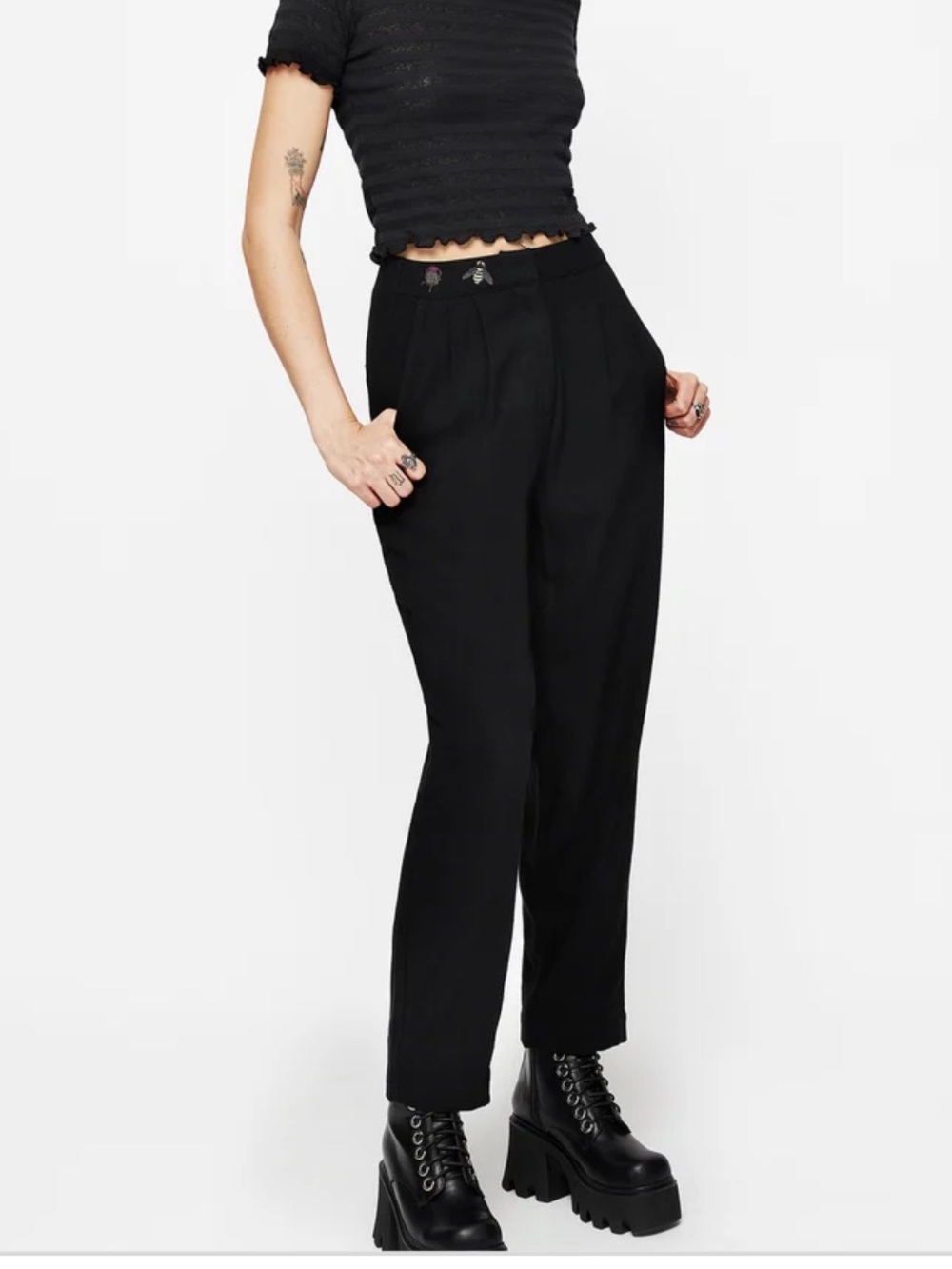 Disturbia Chloris Embroidered Waist Balloon Trousers in black, bee & thistle